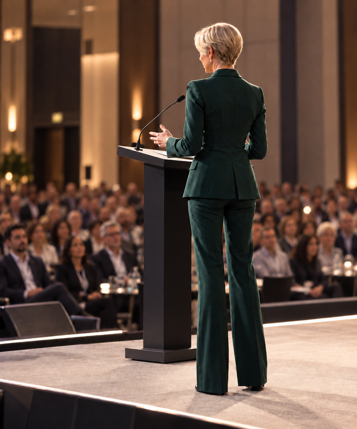 Isabelle Stulens en tailleur vert au pupitre, face à un public de conférence